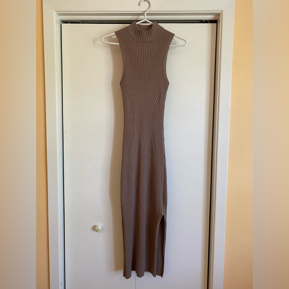 Pink Rose Taupe Mock-Neck Knit Midi Dress